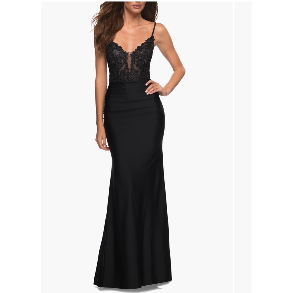 La Femme Elegant Black Lace Gown